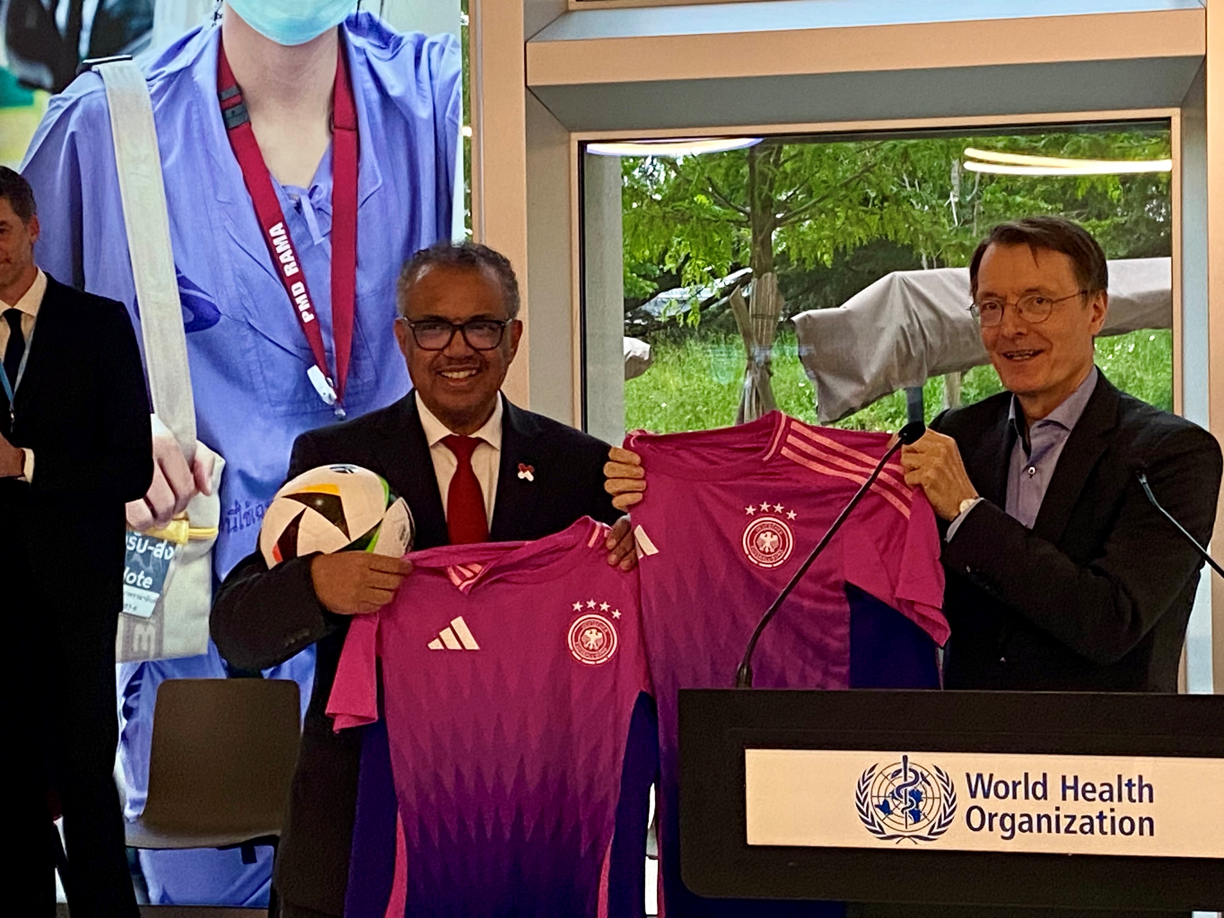 Handover of EURO 2024 Football shirt from German Minister of Health, Prof Dr Karl Lauterbach, to the Director General of the WHO, Dr Tedros Adhanom Ghebreyesus